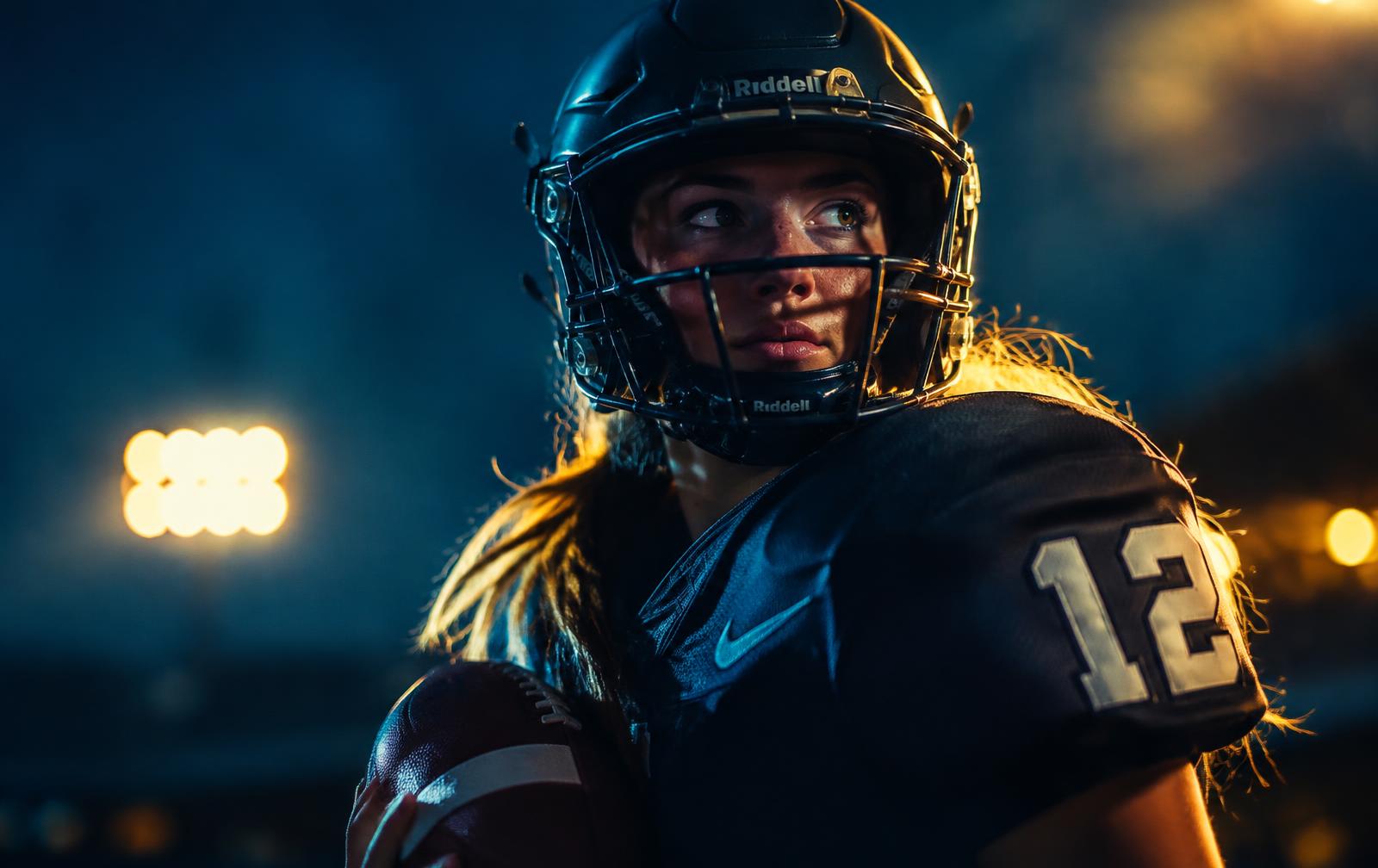 A female football player under stadium lights, holding the ball